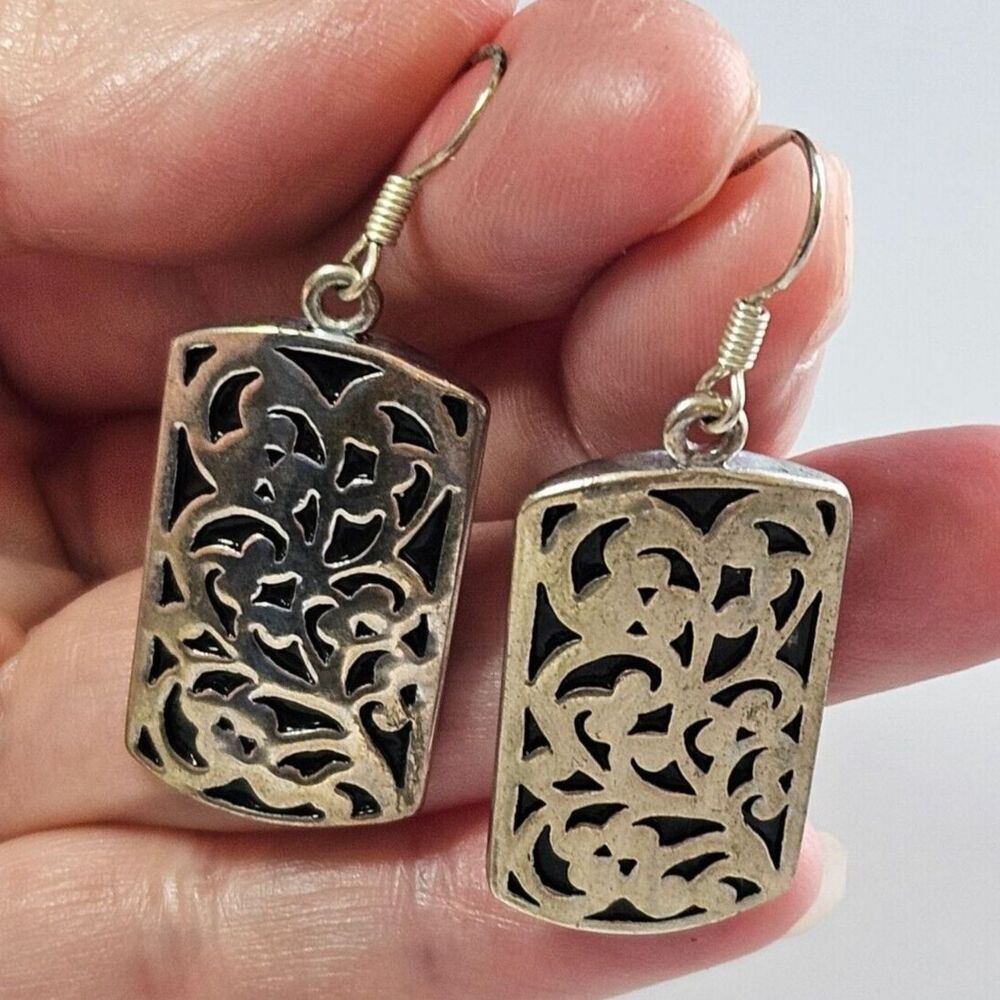 Silver tone and black earrings rectangular filigree